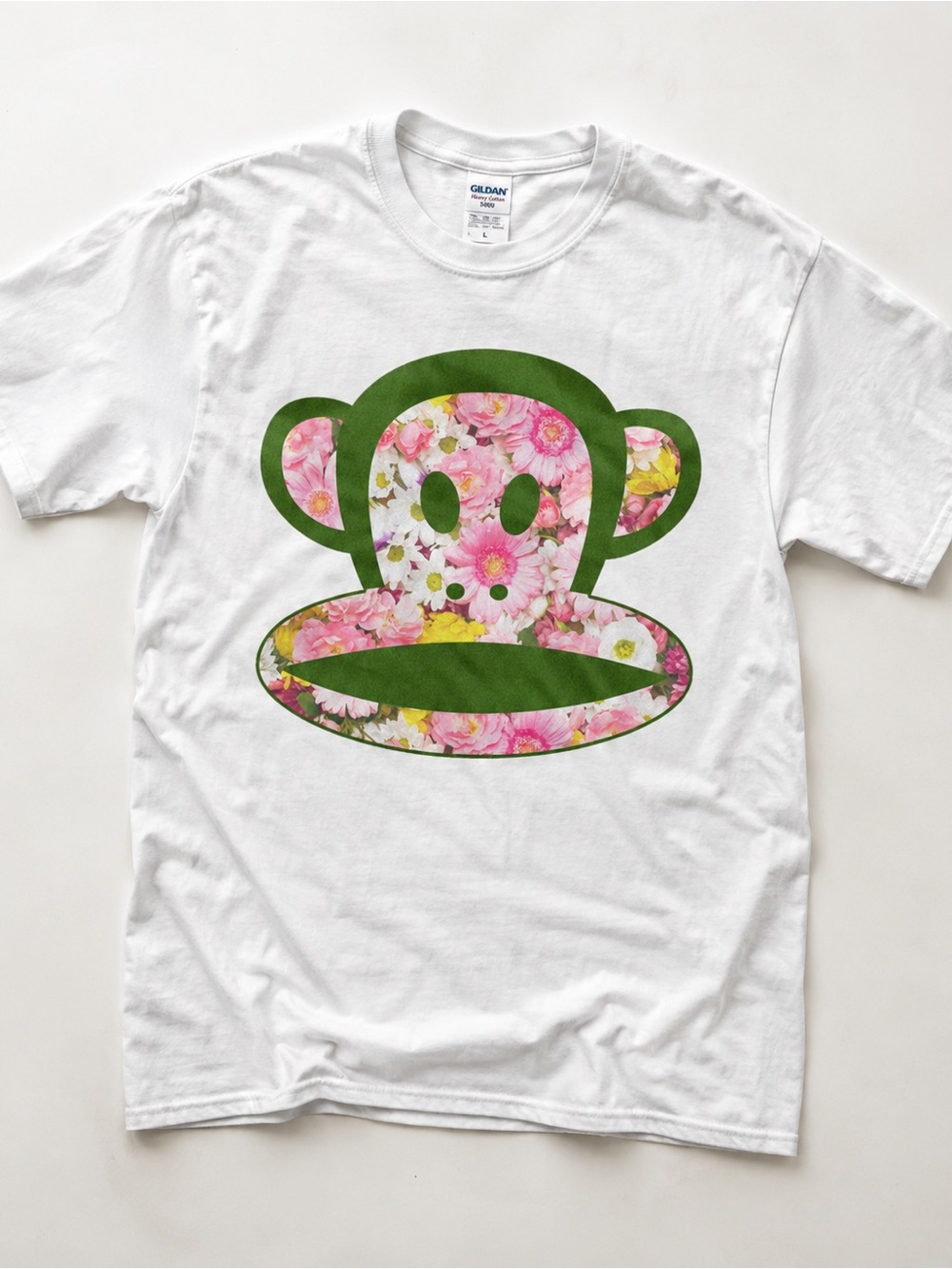Gildan White Kids Tee with Green-Outlined Floral Monkey